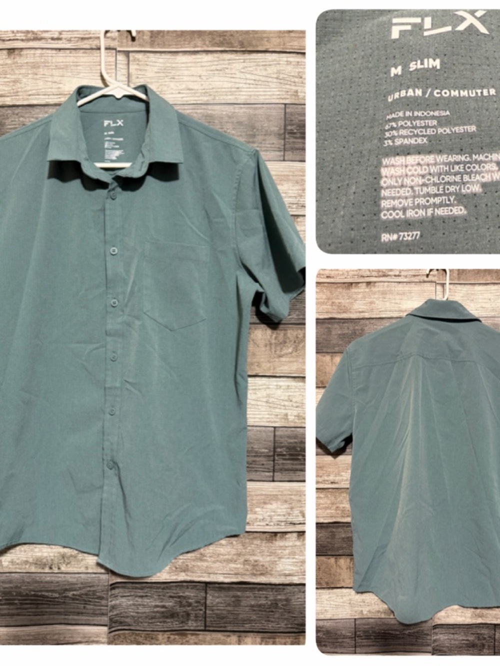 FLX Urban/Commuter Slim Short Sleeve Button-Up Shirt Men’s M Green Blue